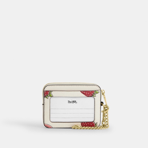 Coach Zip Card Case in Chalk With Strawberry Print Gold Hardware CAR32 - Picture 3 of 14